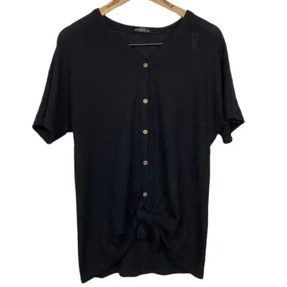MIHOLL WOMEN'S BLACK BUTTON DOWN TIE FRONT SHORT SLEEVE WAFFLE SHIRT MEDIUM-EUC - Picture 1 of 7